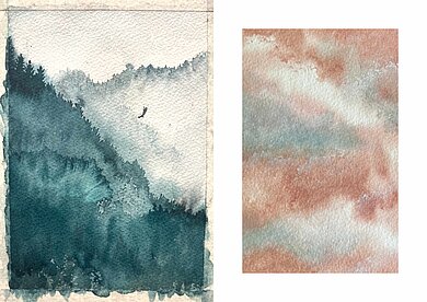 Zwei unterschiedliche Bilder mit Naturmotiven, ein Bildausschnitt eines Waldes mit Vögeln, ein Motiv mit ineinander verlaufenden Farben und wolkigen rötlichen Strukturen in Aquarell.