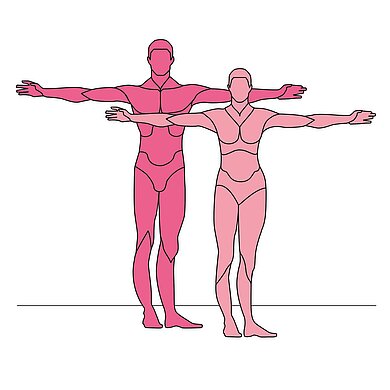 Bild von zwei gezeichneten Figuren mit ausgebreiteten Armen, eine männliche Figur und eine weibliche Figur.