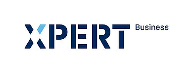 Das Logo von "XPERT Business" in blauer Schrift. "Business" ist hochgestellt in kleinerer Schrift neben dem "T" von "XPERT".
