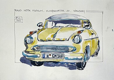 Buntes Sketchbild zeigt einen gelben Oldtimer mit schwarzem Dach von vorne.