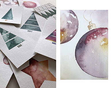 Verschiedene Weihnachtsmotive wie Tannenbaum und Stern auf Karten aus Aquarellpapier sowie eine Karte mit Weihnachtskugel in Aquarell gemalt.